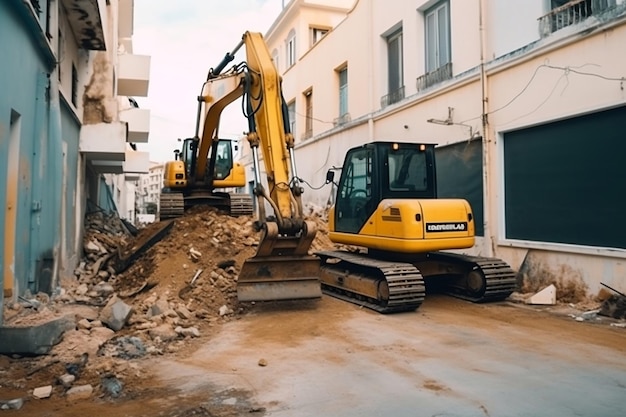 Dos excavadoras amarillas eliminan los escombros de la calle dañada generativa ai