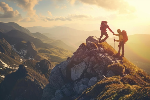 Dos excursionistas aventureros triunfalmente de pie en la cima del pico más alto del mundo, el Monte Everest, una verdadera muestra de amistad con un excursionista ayudando a su amigo en la cima de una montaña generada por IA.