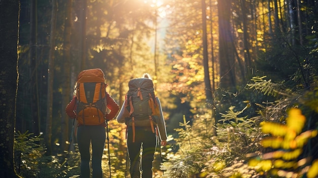 Dos excursionistas caminando a través de un extenso bosque con sus mochilas equipadas con cargadores de energía solar