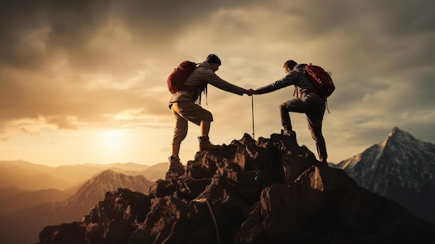 dos excursionistas en la cima de una montaña con el sol detrás de ellos