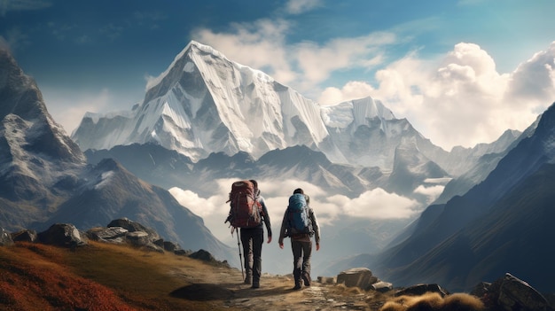 Dos excursionistas están caminando en las montañas en un día soleado imagen generada por IA