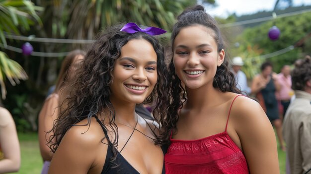 Dos exóticas y brillantes adolescentes posan para una foto en una fiesta al aire libre en Nueva Zelanda las dos mujeres de piel bronceada bailarina de ocasión sonriendo y mostrando su feminidad en vestidos cortos de verano