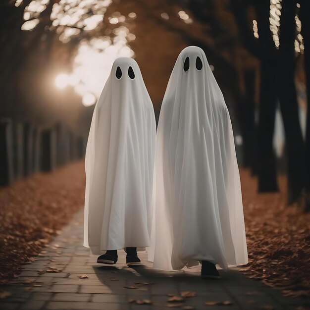 Dos fantasmas están caminando por un camino en el bosque.