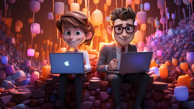 Dos felices hombres o mujeres de dibujos animados con computadoras portátiles sentados en sillones y trabajando en 3D