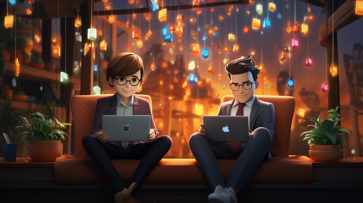 Foto dos felices hombres o mujeres de dibujos animados con computadoras portátiles sentados en sillones y trabajando en 3d