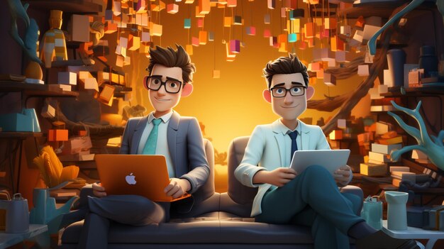 Dos felices hombres o mujeres de dibujos animados con computadoras portátiles sentados en sillones y trabajando en 3D