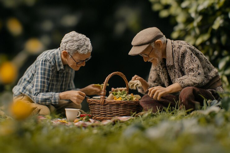 Dos figuras ancianas recogiendo hierbas frescas en un jardín durante una tarde soleada IA generativa