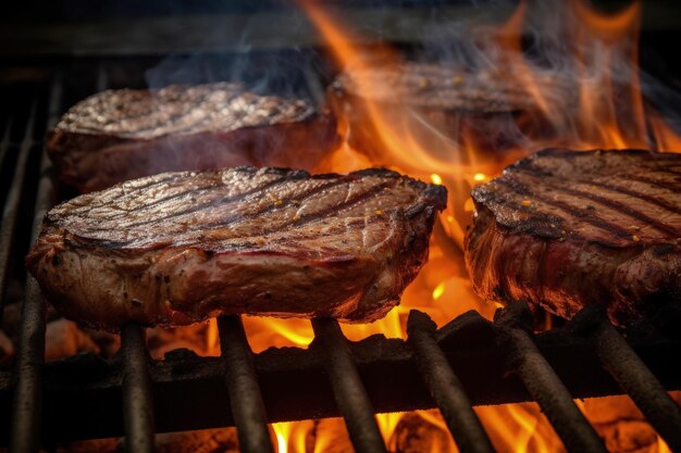 Dos filetes cocinando en una parrilla con llamas IA generativa