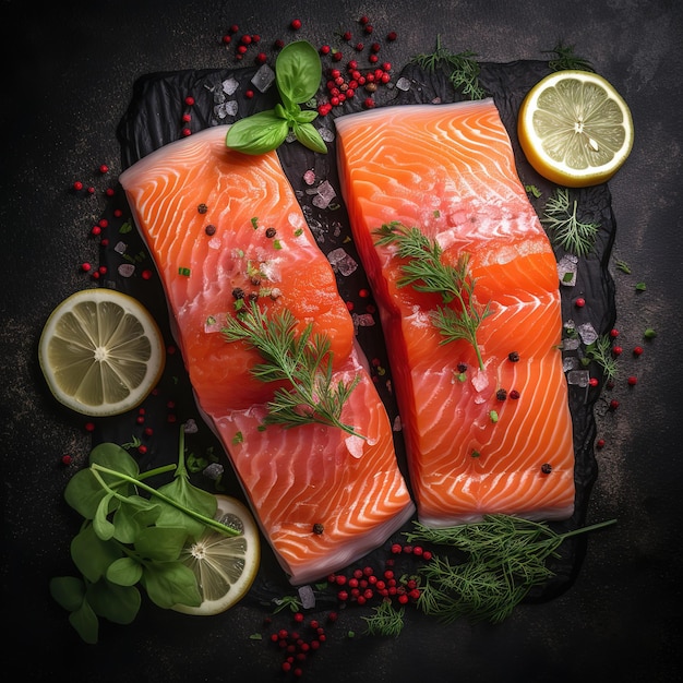 Dos filetes de salmón están sobre una superficie de piedra negra con hierbas y limones.