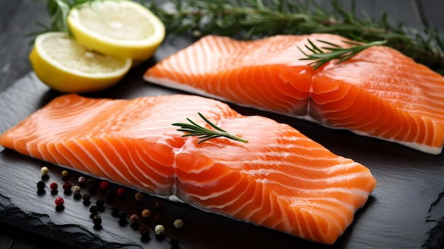 Dos filetes de salmón sobre una mesa con limones y hierbas