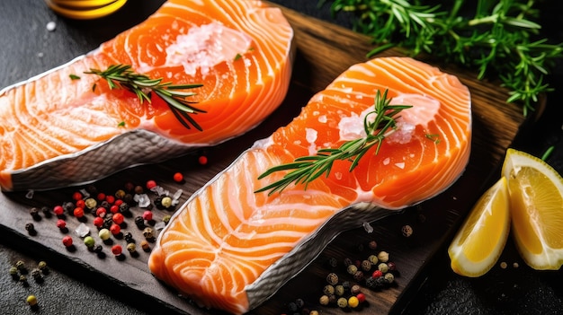 Dos filetes de salmón sobre una tabla de madera con especias y hierbas.