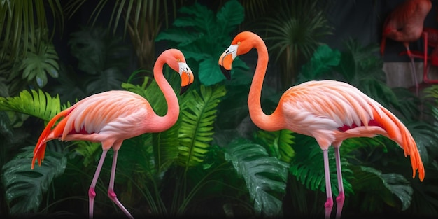 Dos flamencos están parados frente a un fondo selvático.