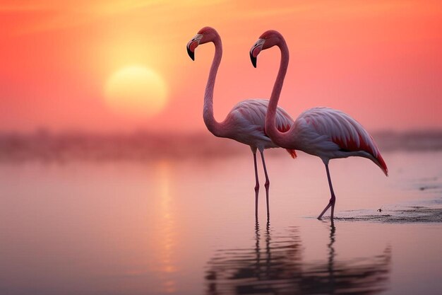 dos flamencos están de pie en el agua con el sol detrás de ellos