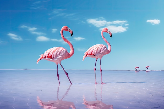 Dos flamencos de pie en el agua en el Salar de Uyuni Bolivia Grupo de aves de flamencos africanos rosados caminando por la laguna azul en un día soleado AI Generado