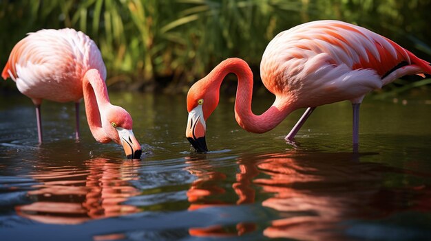 Dos flamencos rosados están buscando alimento en el agua.