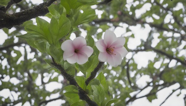 dos flores en un árbol una de las cuales es rosa