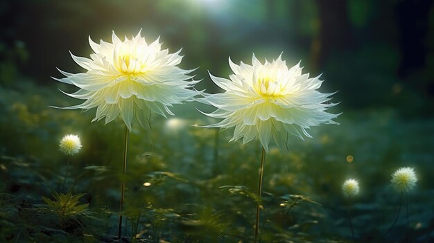 Dos flores blancas en la hierba con el sol brillando sobre ellas