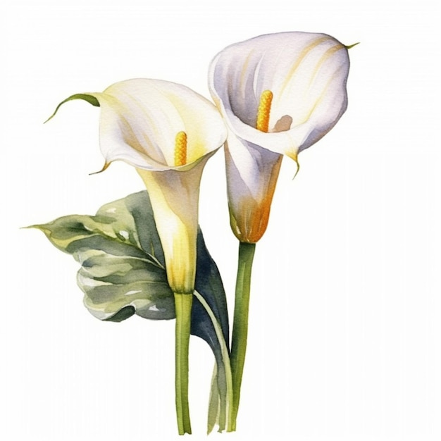 dos flores blancas con hojas verdes sobre un fondo blanco ai generativo