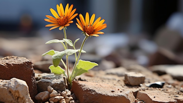 dos flores de color naranja que crecen en un montón de escombros