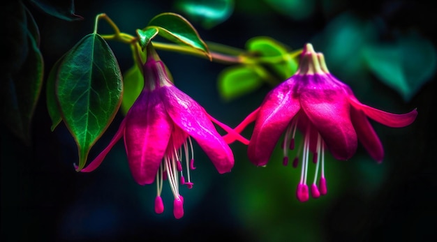 Dos flores fucsias con hojas verdes