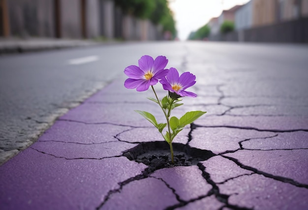 Dos flores púrpuras rompiendo el asfalto