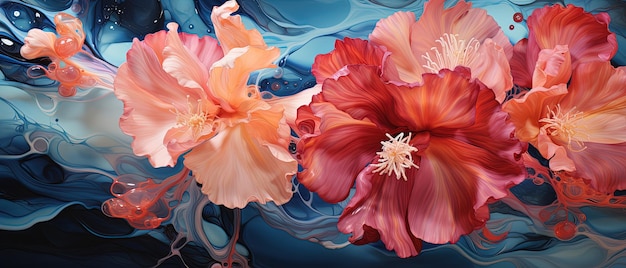 dos flores que están en una superficie azul