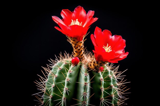 dos flores rojas en una planta de cactus con fondo negro