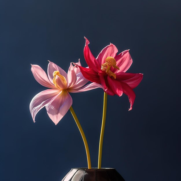 Dos flores rosas y amarillas están en un jarrón.