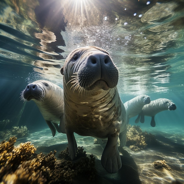 dos focas están nadando bajo una roca bajo el agua con el sol brillando a través del agua.