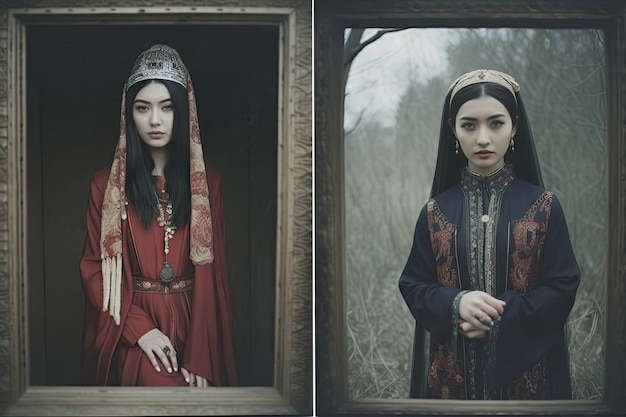 Dos fotos de una mujer con un traje de la época del Renacimiento Generative Ai