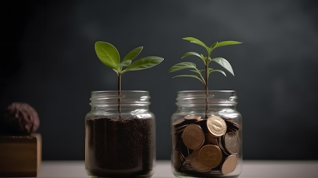 Dos frascos de vidrio con monedas y una planta que crece fuera de ellos.