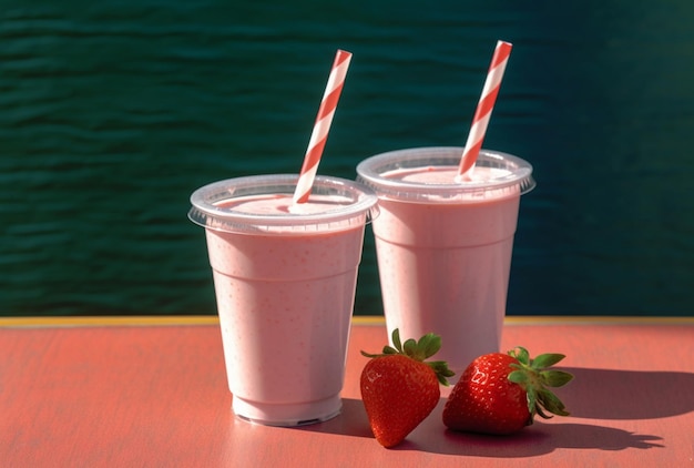 Dos fresas y un batido de fresa están sobre una mesa roja.