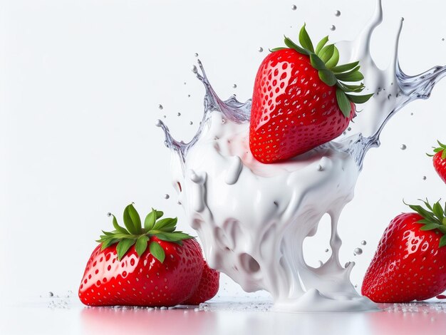 Dos fresas cayendo en leche Splash aislado sobre fondo blanco.