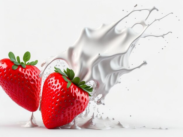 Dos fresas cayendo en leche Splash aislado sobre fondo blanco.