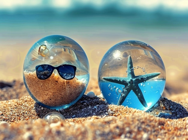 Foto dos gafas de playa una con una estrella de mar y una estrella de mar