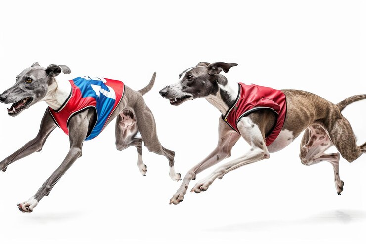 Dos galgos en chaquetas de carreras corriendo uno al lado del otro sobre un fondo blanco