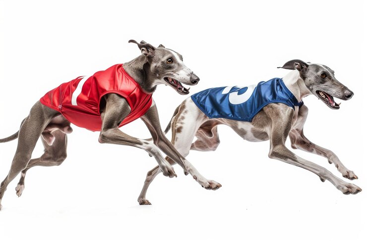 Dos galgos en chaquetas de carreras corriendo uno al lado del otro sobre un fondo blanco