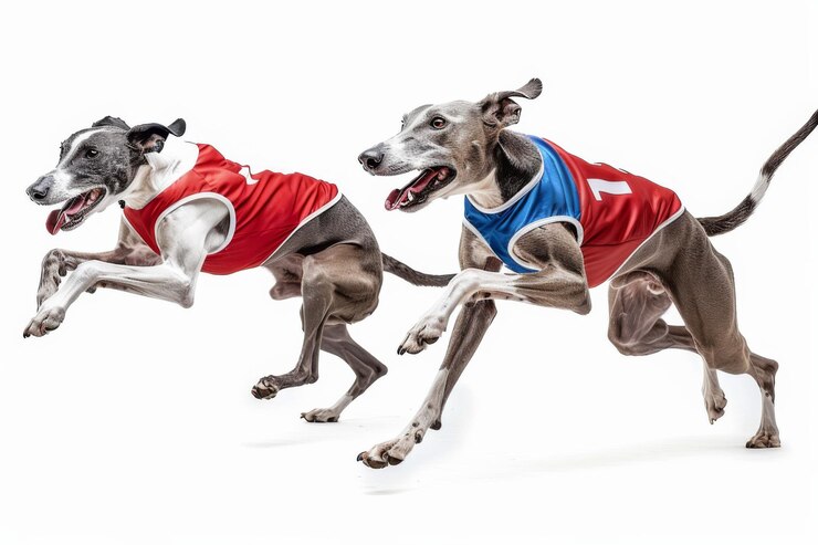 Dos galgos en chaquetas de carreras corriendo uno al lado del otro sobre un fondo blanco
