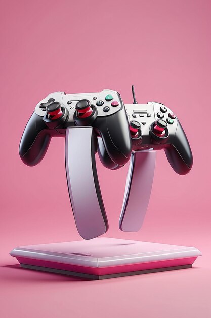 Dos gamepads voladores sobre el podio en un concepto de fondo rosa para la presentación de publicidad en 3D