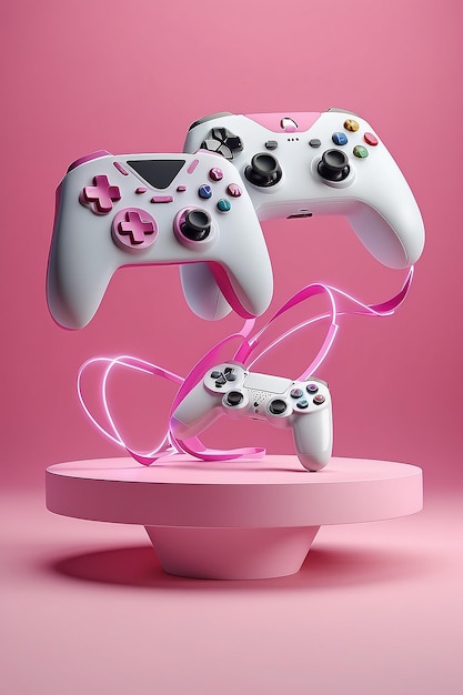 Dos gamepads voladores sobre el podio en un concepto de fondo rosa para la presentación de publicidad en 3D