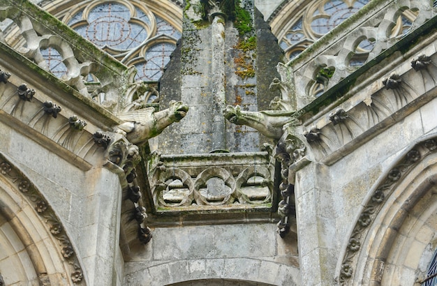 Dos gárgolas en las paredes de la catedral de Saint Julien en Le Mans, Francia