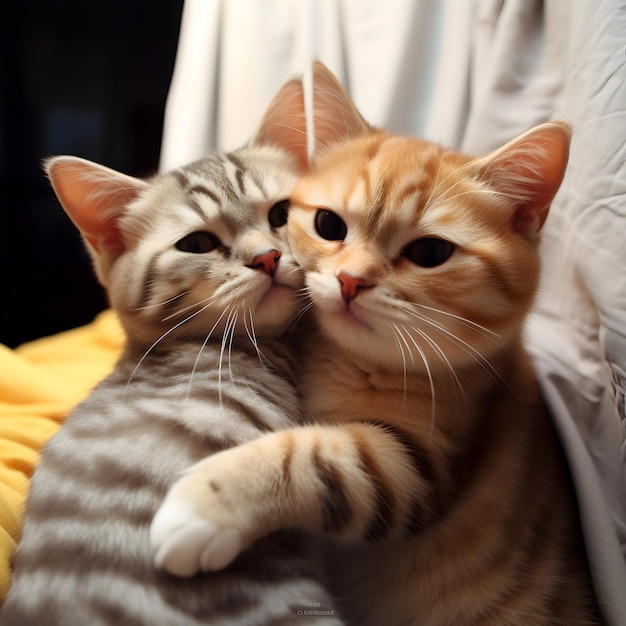 Dos gatitos abrazados en una silla en casa en las redes sociales del Día Nacional del Abrazo