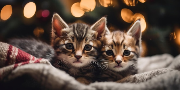 Dos gatitos acostados en una manta frente a un árbol de navidad imagen generativa de ai