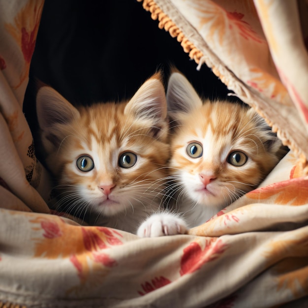 Dos gatitos acurrucados en una acogedora cama con suaves mantas y almohadas