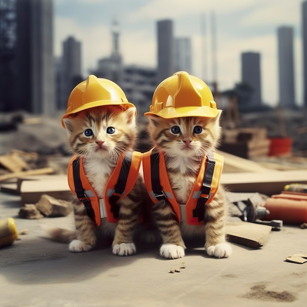 Foto dos gatitos con cascos en un sitio en construcción