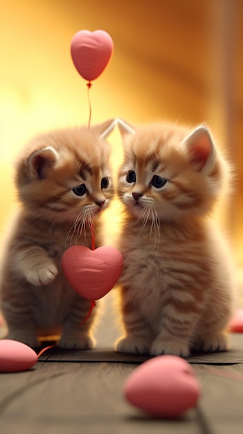 Dos gatitos con un corazón en sus manos.