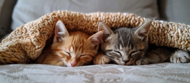 Dos gatitos durmiendo en una manta en la cama