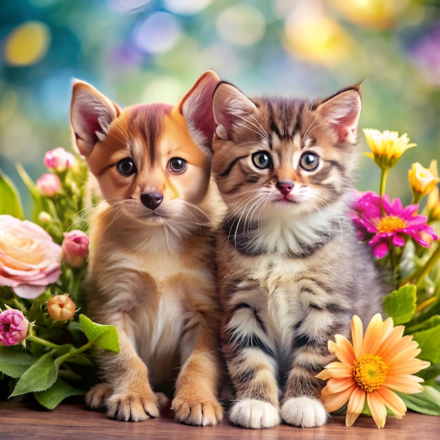 dos gatitos están al lado de un ramo de flores