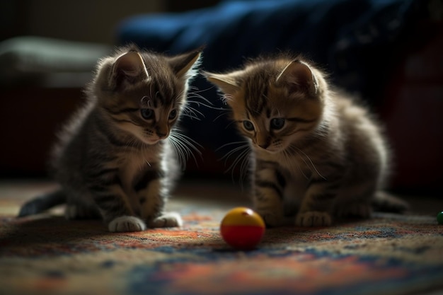 Dos gatitos están sentados en una alfombra y uno está mirando hacia arriba.