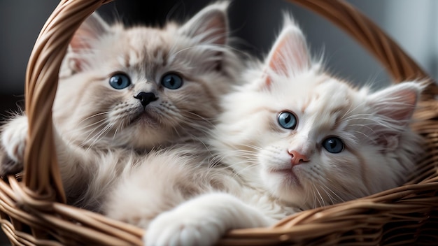 Foto dos gatitos están sentados en una canasta con uno que tiene el otro en el otro